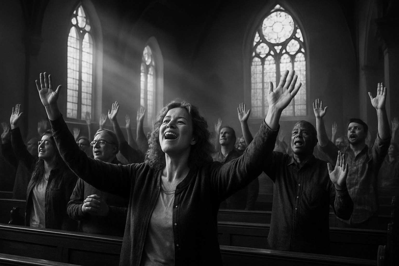 people in church praising in black and white
